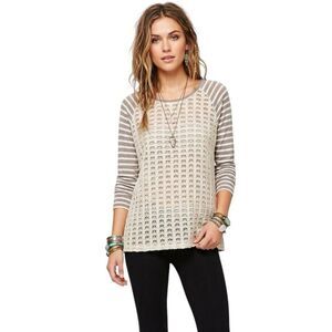 Hem & Thread Womens Crew Neck Sweater Crochet Long Sleeve Striped Boho Sz Large